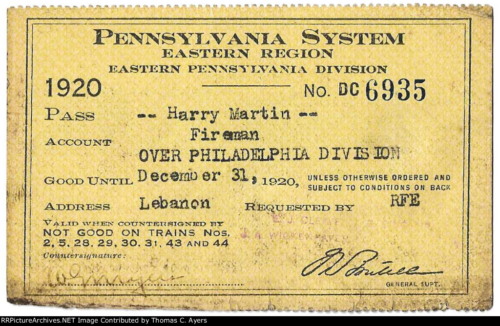 PRR Employee H. Martin Pass, Front Side, 1920